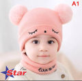 Baby Hat Scarf Set Eyes Embroidery Double pompom kid knitted Autumn Winter Neck Gaiter. 