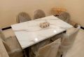 dinig table with 4 chairs, marble textured top, sheesham wooden frame with 4 full cussion chairs. 