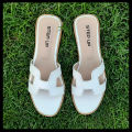Women's Flat White H Slides - Synthetic Leather Slippers. 