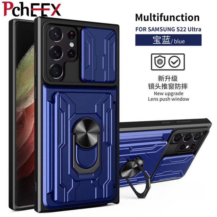 Samsung Galaxy S22 Ultra Phone Case, Hard Armor Camera Protection Cover Ring Stand Card Multifunctional Casing