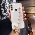 For Huawei Y6P Back Cover with Bracelet Wristband Luxury Clover Chain 6D Plating Frame Shiny Girls Cases Soft Silicone Square Protective Mobile Phone Case. 