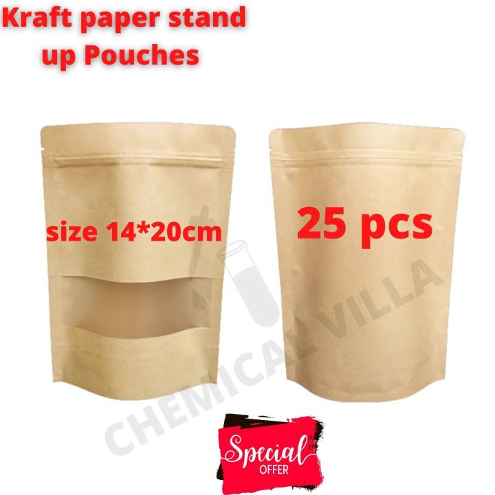 14X20 cm (Pack of 50/25/15pcs)-brown kraft paper stand up pouch-Kraft Bags with Window Stand Up Ziplock Seal Paper Bag Resealable- food Grade Kraft paper stand up Pouches