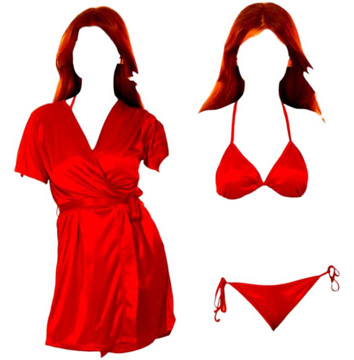 Silk Wear - Women 3 Piece Nighty Sleepwear Silk Satin night dress Lingerie Set With Robe and Short Gown Bridal for Ladies and Girls for Night Wear and Parties Full Black Body Stocking for Free Bra BI-015