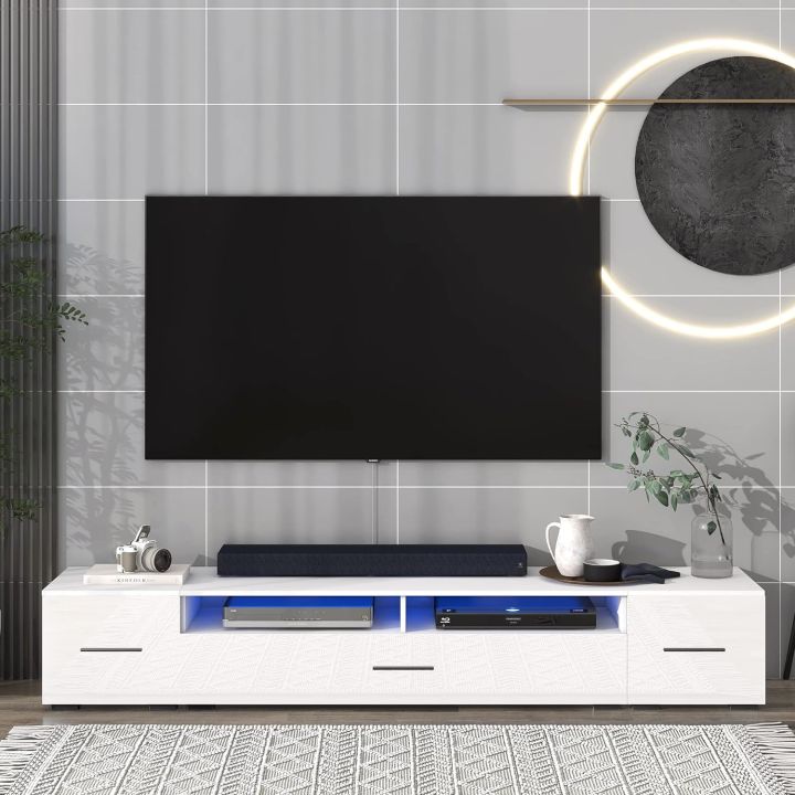 Modern 82.6" LED TV Stand with 3 Cabinets & 2 Shelves, White