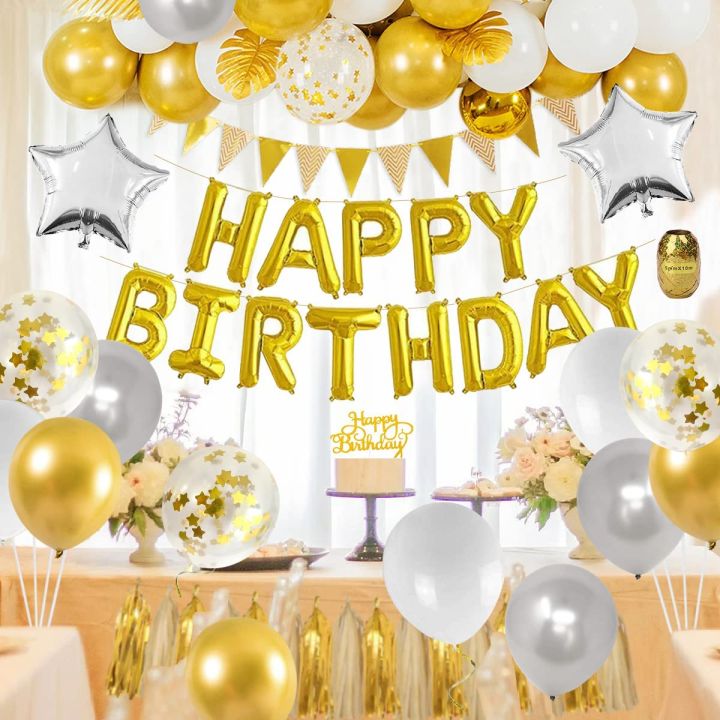 Gold Birthday Decorations for Men Women, Happy Birthday Party Decorations Supplies with Happy Birthday Balloons Confetti Star Balloons