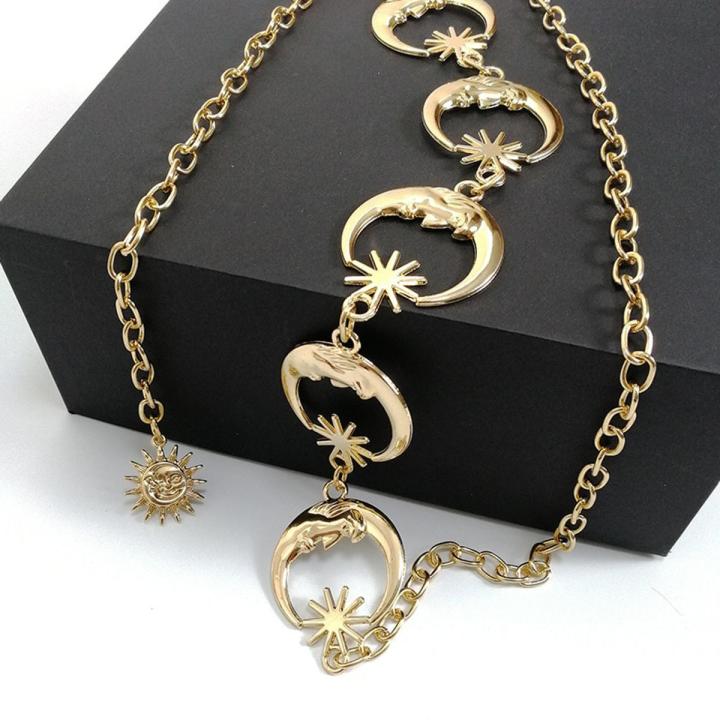 Classic Cool Punk Gothic Moon Sun Metal Belt Personality Ladies Vintage High Waist Chain Belt Gold Color Pendant Belt