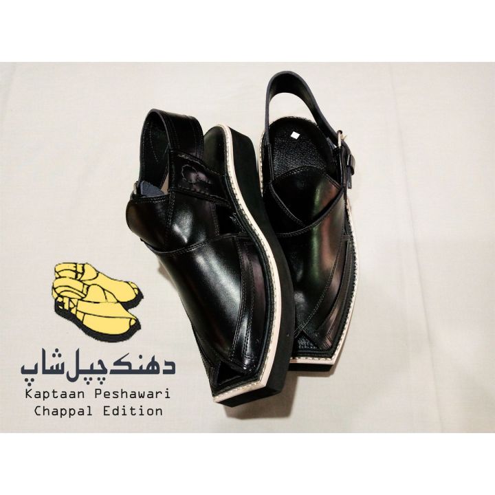 Kaptan Chappal Pure Hand Made Leather Peshawari Black Taki Daar Design