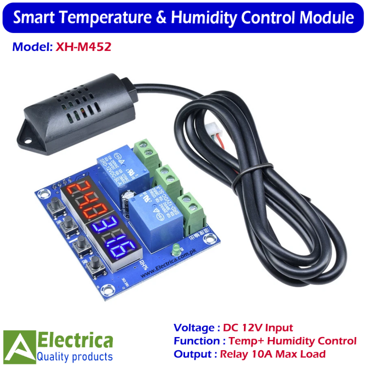 XH-M452 DC 12V Dual Digital LED Temperature & Humidity Control Thermostat with Sensor Probe | Smart Controller for Incubators, DIY, AC & Home Appliances by Electrica