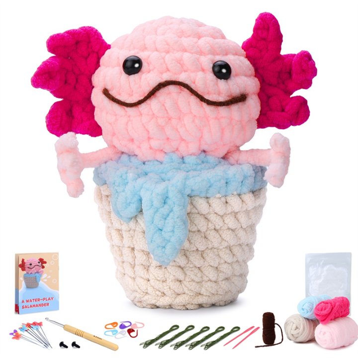 Crochet Kit DIY Salamander Crochet Kit with Knitting Yarn Needles Plush Doll Easy(Pink)