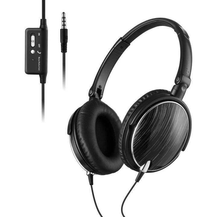 Saxhorn Active Noise Cancelling Over-ear Headphones with Inline Microphone and Carrying Case, Lightweight Travel Headset, Black, Wired