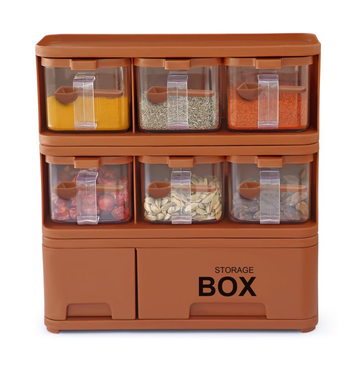 **Kitchen Seasoning Box Masala Box | Spice Rack with Spoon | Easy to Assemble & Disassemble | 6 & 9 Compartment Spice Storage Container | Condiment Jars for Kitchen Storage | Salt & Spices Organizer | pretty Neat Spice Rack for Home Cooking**