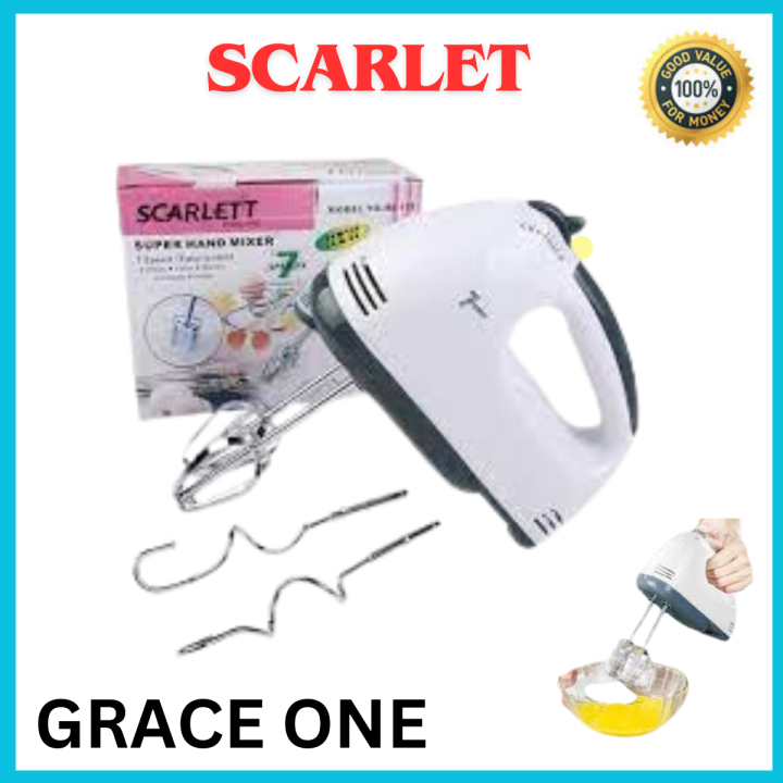 Scarlett Hand Mixer - 7 Speed Egg Beater with Chrome Beater + Dough Hook (White, 180W)