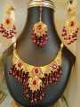 Antique Gold Plated One Gram Bridal Jewelry Necklace Set with Tikka and Earrings for Women. 