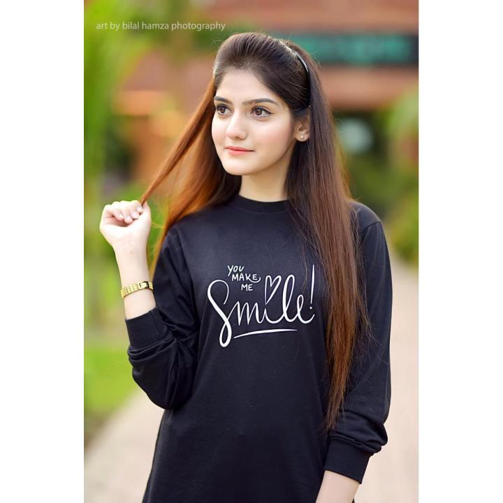 You Make Me Smile Winter Wear Black Casual Cotton Ribbed Tshirt Top Quality For Women