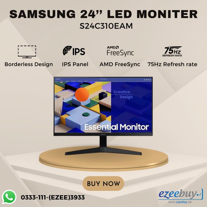 Samsung 24 inch Essential Monitor S24C310EAM | 75Hz FHD 24 inch Borderless Monitor |  Best for Gaming and Office use | Samsung Borderless led