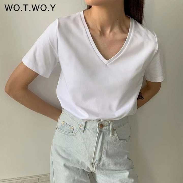 New Summer Women plain V - Neck T- shirt White color ( Premium Quality ...