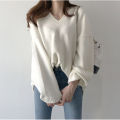 V-neck pullover solid color loose knit sweater for women's outerwear, slimming and versatile, lazy style sweater jacket. 