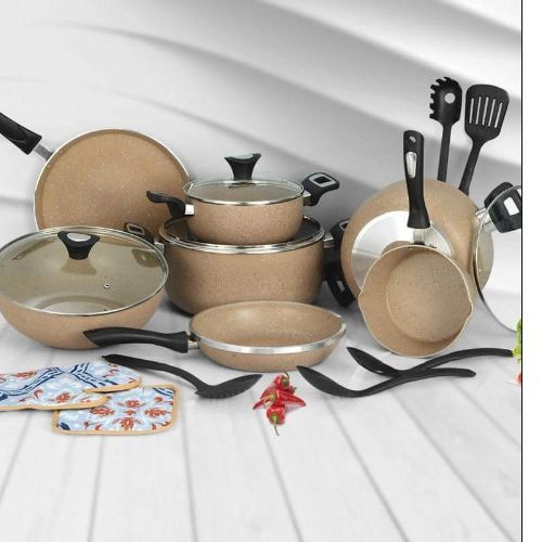 Non-stick marble coated cookware set 19 pcs with glass lid - Golden