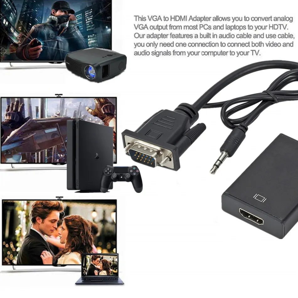 VGA To HDMI Converter 1080P HD Adapter With Audio Cable For HDTV