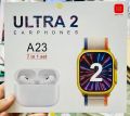 A23 Ultra 2 Smart Watch and Earphones 7-in-1 Set | Bluetooth Calling | Fitness Tracker | Heart Rate Monitor | Wireless Earphones Included | Compatible with Android and iOS | Full Touch Screen Smartwatch for Men and Women | Stylish and Functional Wearable. 