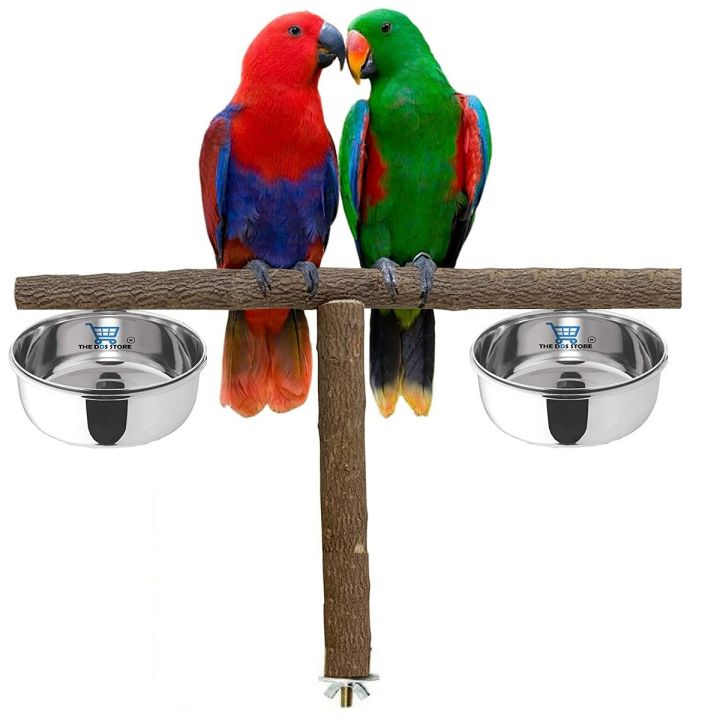 Zymal Store Natural wooden T shape perch with 2 attached stain less steel bowls,  Parrot T perch Stand, Bird Cage Accessories and wooden Platform for Grinding Chew. Toys for Cockatiel,Finches,grey macaw sun conure love bird