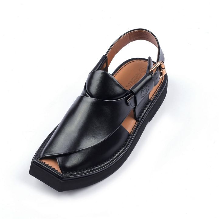 BERA Cow Leather Black Kaptaan, Peshawari Chappal for Men