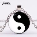 Tai Ji Yin Yang Pendant Necklace Classic Black White Chinese Sign Glass Gem Necklace Cat Paw Silver Plated. 