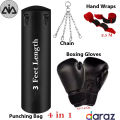 Boxing bag, (3&4 feet)-with, Boxing Gloves, Hand Wraps, Hanging Chain, Unfilled-Black color, Punching bag, For Men And Women, Comfortable with Durable Genuine Leather, AAI Store. 