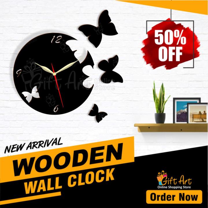 Gifts Art -  Wall Clock Butterflies Bird 3D Modern Wooden Laser Cut