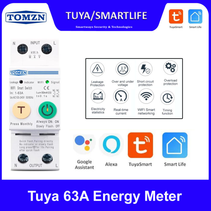 TOMZN 63A Tuya Smartlife 2P WIFI Smart Switch Energy Meter Kwh Metering