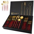 24pcs Luxury Stainless Steel Red And Golden Cutlery Set Fork Spoon And Knife Dinnerware. 