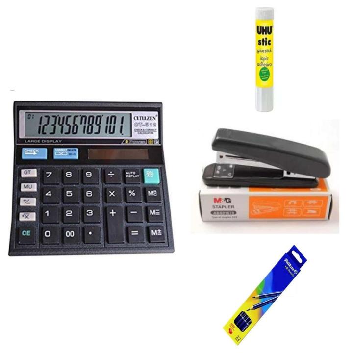 Pack Of 4 Pcs Set - 1 Pcs Stapler - 1 Pcs 512 Calculator - 1 Pcs Gum Stick 21 Gsm- 1 Pkt Pelican Lead Pencils