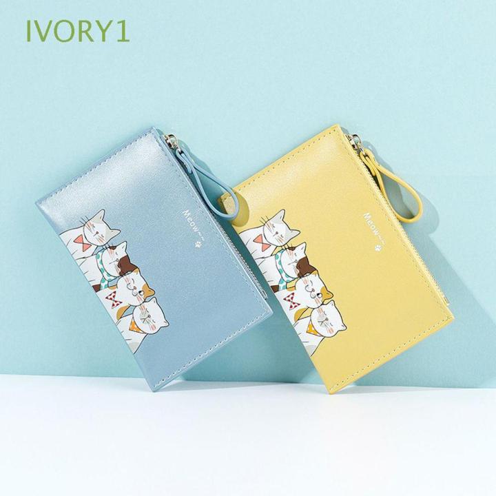 IVORY1 Cute Women Wallets Fashion Design Bank Card Holder Bag Korean Style Wallets Portable Cat Solid Color PU Leather Ultra Thin Simple Short Clutch Bag/Multicolor