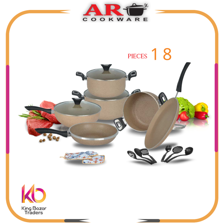 AR 18-Piece Non-Stick Cookware Set Gift Pack | Double Marble Coated ...