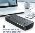 Type-C Universal Extension Lead with Multiple Function,UK Plug 3 Pin Socket Outlet with 6 Gang  3 USB Port  1 Type-C Port,1.8M Cable Power Strip for Home,Kitchen,and Office(White). 