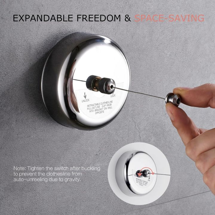 Retractable Wall Mounted Wire Nylon Rope Washing Line Indoor Outdoor, SUS304 Stainless Heavy Duty Clothes Drying Laundry Line,Wall Mounted Drying Rack Clothesline for Apartment Hotel Dorm Balcony Laundry Room Bathroom, 2.8 m