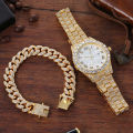 【Can last for 10 years】 TEMU Diamond Hip Hop Steel Strap Watch   Cuban Bracelet with Street Trend Men's Watch. 
