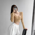 Women Button Down Crop Tops, Casual Long Sleeve Notched V Neck Solid Color Knit T-Shirts. 