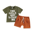 Baby Boys 2PCS Pants Set, Short Sleeve Letter Print O-Neck T-Shirt + Plain White Straps Short Pants, Toddler Boys Summer Clothes. 