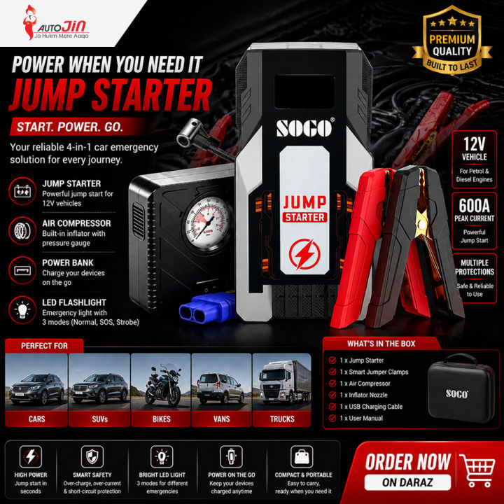 Car Battery Jump Starter, Air Compressor & 6,000mAh Power Bank X6
