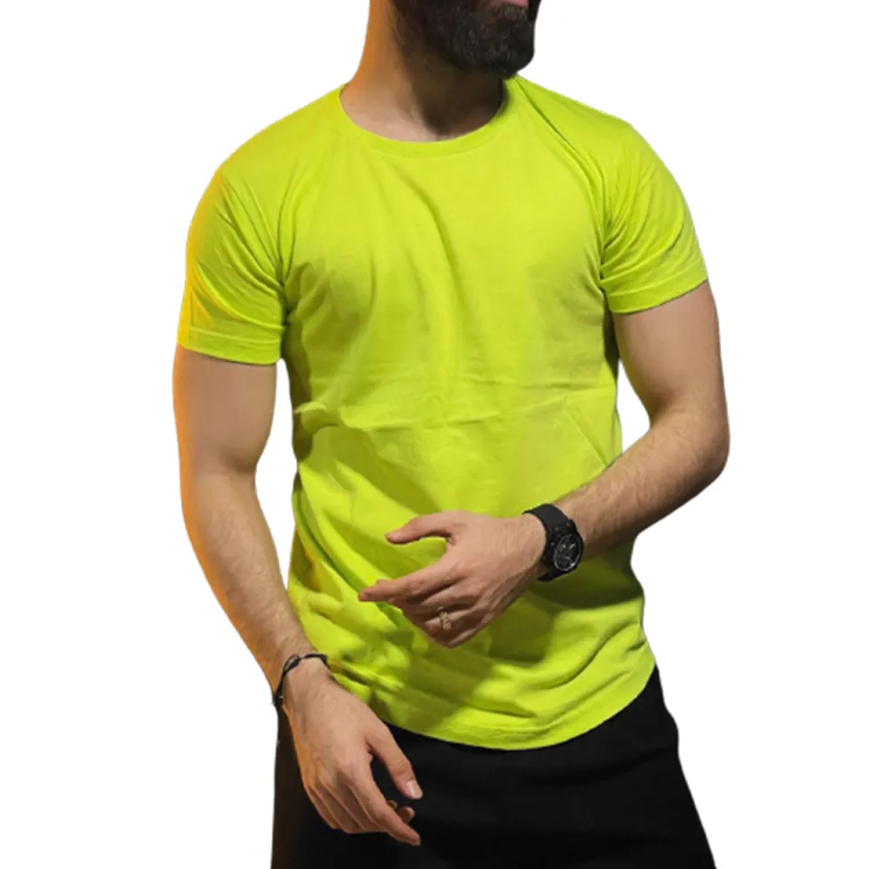 Round Neck Short Sleeve Casual Plain Neon Green T shirt Basic T shirt in Neon Green Color