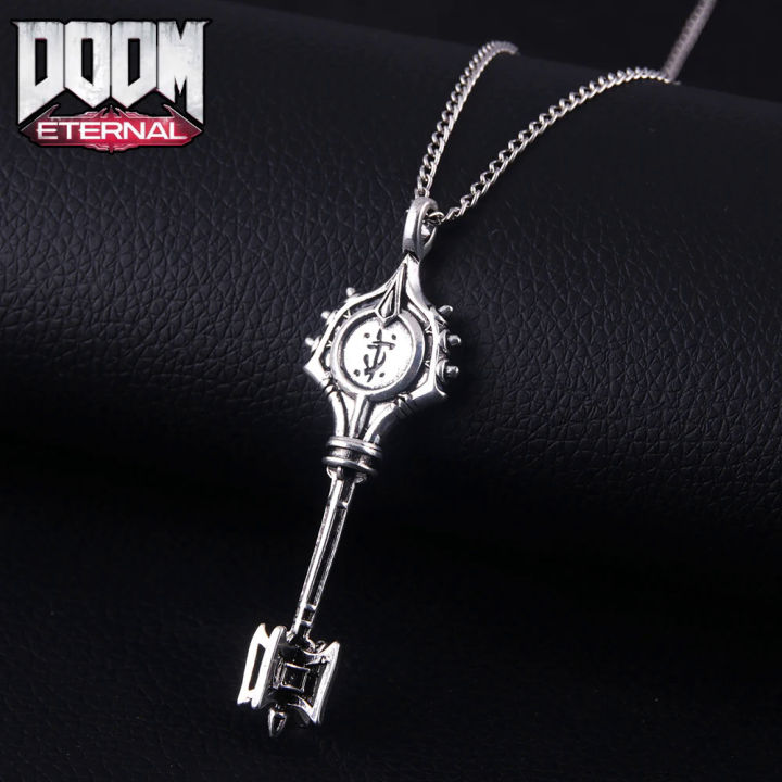 【PeacemPeace】 Game Doom Eternal Slayer Key Necklace Vintage Doublesided Engraving 3D Key Penant Necklaces for Fans Jewelry Accessories