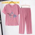 Loveseason Summer Top Trousers Set Tree Branch Print Summer Women T-shirt Long Pants Set. 