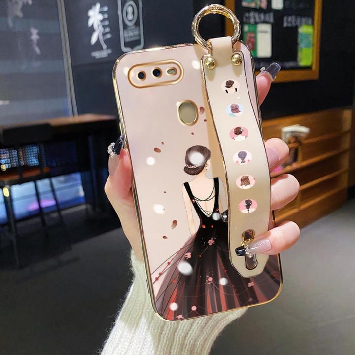 dienya For OPPO A12 Case Whit Wristband New Design Phone Case For Girl Women Thin Pattern Fashion Priness Shockproof Plating Silicone Casing Full Cover SoftCase Protection Cases