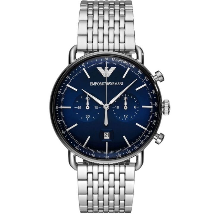 Emporio Armani Blue Dial Silver Stainless Steel Chronograph Watch For Men AR11238