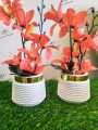 Artificial Flower Pots Set of 2 - Golden & White Elegant Small Table Vase, Decorative Flowers & Leaves for Home and Office Decoration, 10 Inches. 