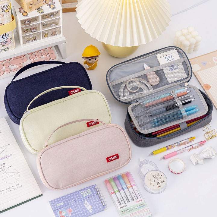 Nexvix Korean version simple hand-carried double-layer pencil case, oxford cloth solid color student stationery box, multi-function pencil case logo