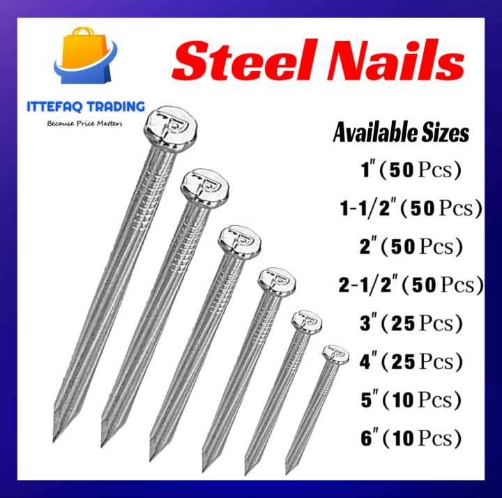Orignal Taiwan Steel Concrete Nails Flat Head Concrete Nails - 8 Different Sizes (1 Inch to 6 Inch)