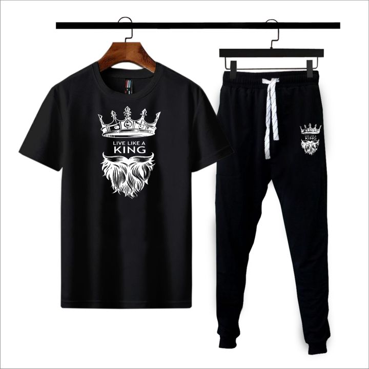 Black Live like a king printed summer gymwear trackuit trouser & t-shirt for men and boys