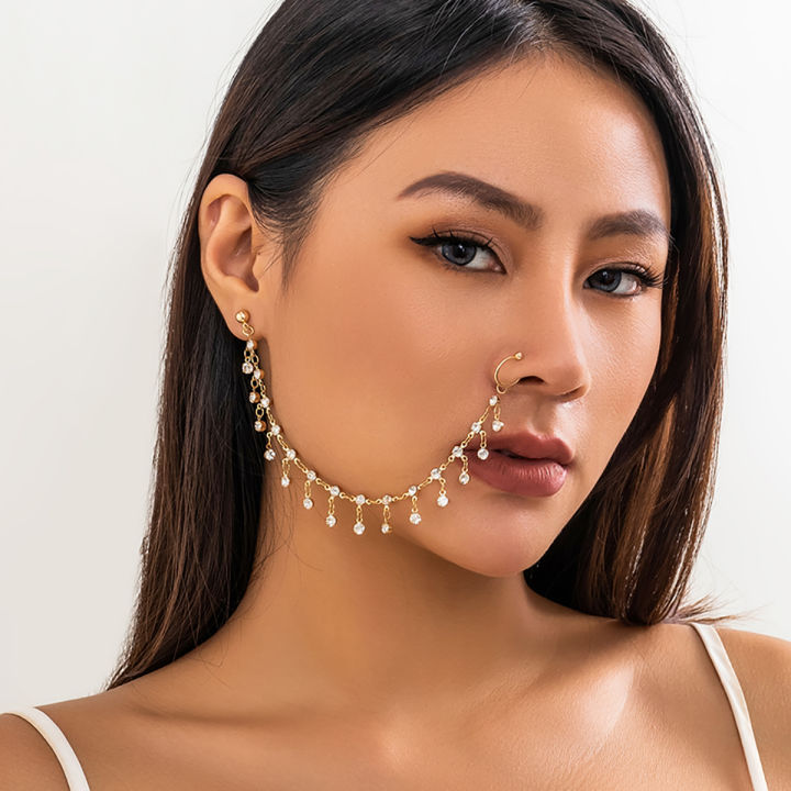 PuRui Bohemia Nose Ring Stud Earrings Rhinestone Tassel Chain Connecting Nose Clip for Women Nostril Piercing Party Jewelry